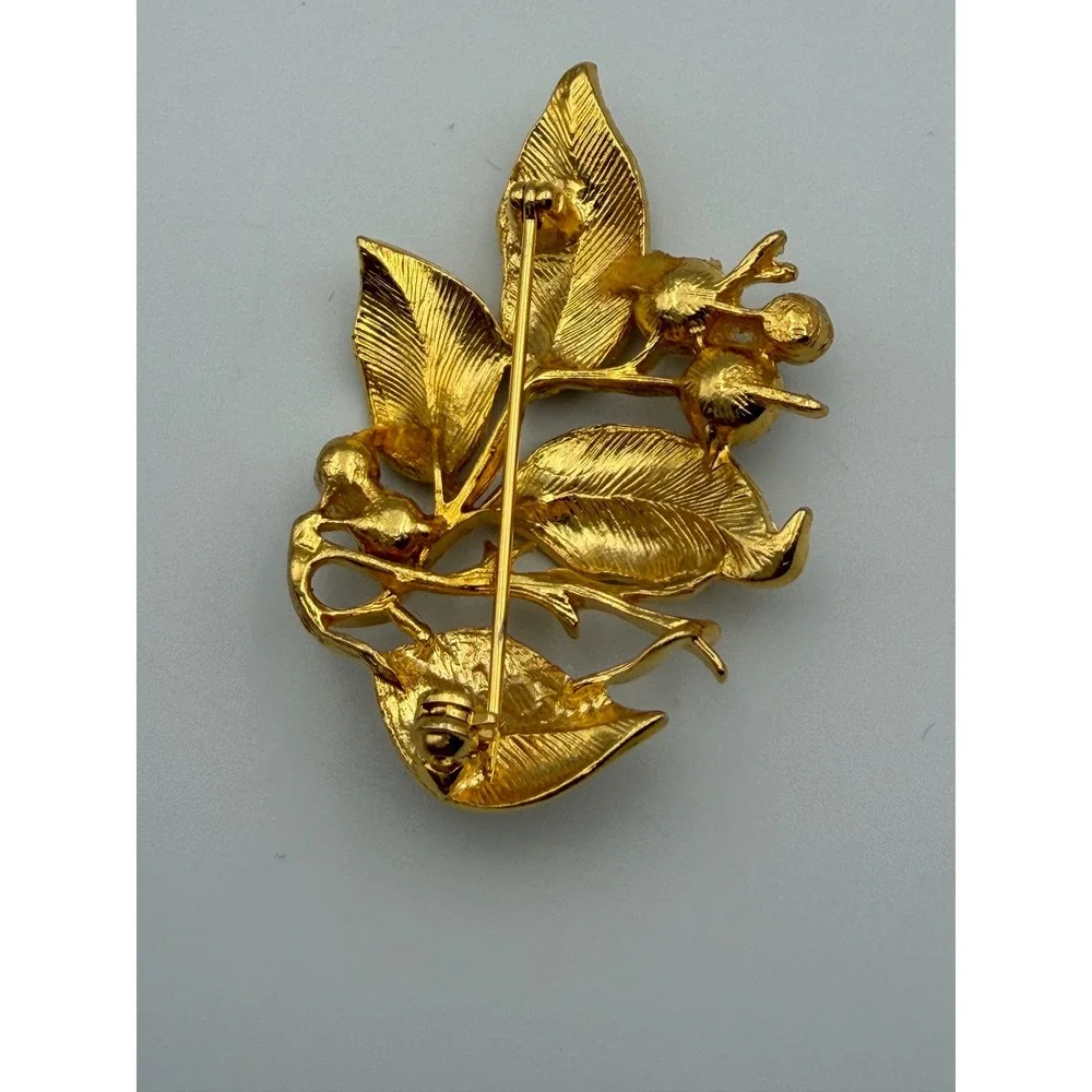 Vintage Gold Tone Faux Pearl Leaf Branch Brooch Pin Botanical Textured Jewelry